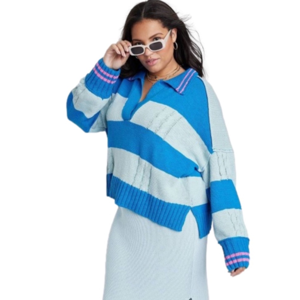 Women's Ascot + Hart Long Sleeve Graphic Sweater Polo Shirt - Blue large